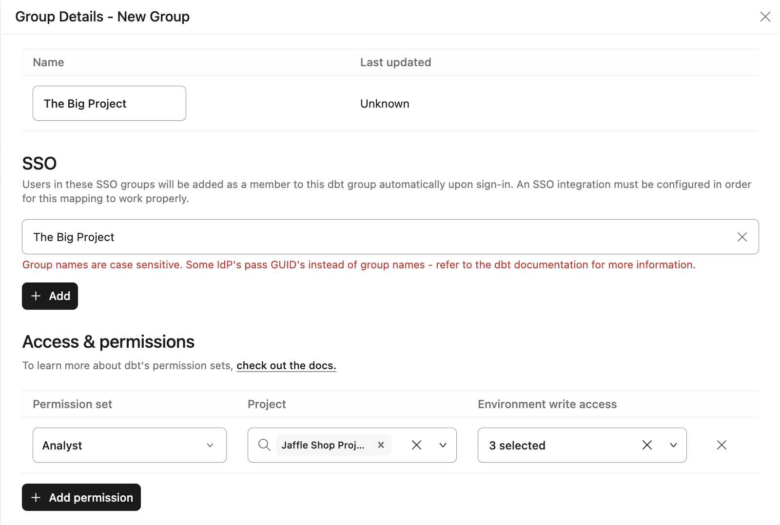 The group configuration with SSO field filled out in dbt.