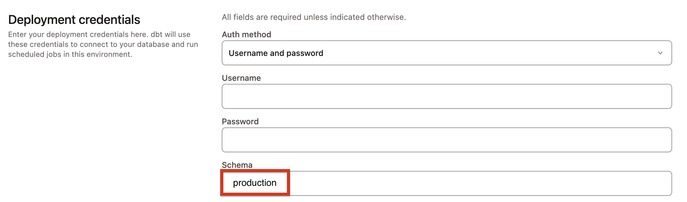 Update the deployment credentials schema to production Update the deployment credentials schema to production